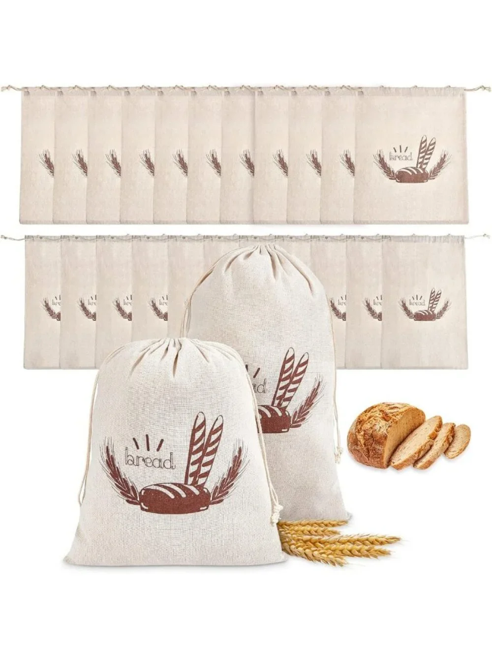 20 Pcs Reusable Linen Bread Bags - 2 Sizes for Homemade Baking & Food Storage